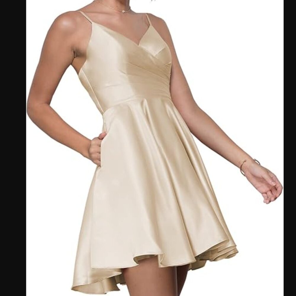 NWT (12) STYLEFUN Champagne Short, V neck, Spaghetti Strap dress w/ Pocket